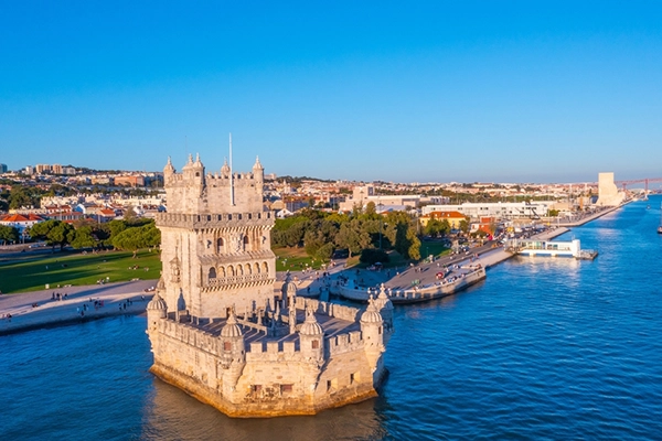 Aerial view of Torre de Belem in Lisbon, Portugal.