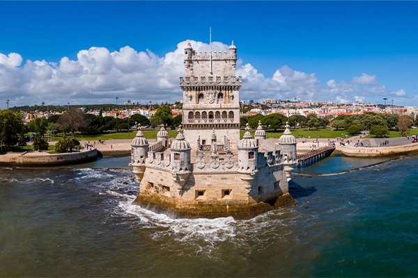 Aerial view of Tower of Belem, Lisbon, Portugal on the Tagus River.