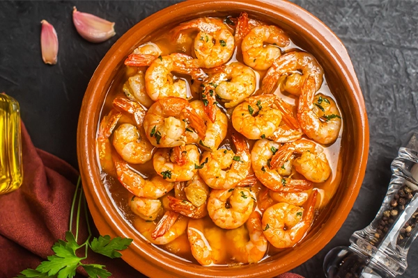 Traditional spanish shrimp with garlic, usually prepared with olive oil, top view
